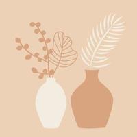 Palm leaves and leaves of ornamental plants in a vase. Tropical background. An exotic composition on a beige background vector