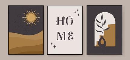 House inscription text. Set of 3 creative abstract illustrations with a desert and an arched window with a vase for decorating walls, decorating postcards or brochures. Vector EPS10.