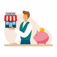 Businessman sells franchise. Franchising system. Vector illustration in cartoon style. Man offers to buy ready made business.