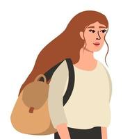 jovencita bonita viajando, haciendo autostop con mochila, ilustración aislada de fondo blanco vector