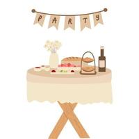 party, beautiful festive barbecue table, lots of food. Barbecue poster. A flyer with food. Flat style, vector illustration