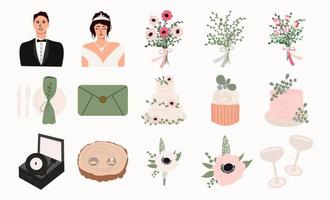 colección vectorial de cliparts temáticos de boda. un conjunto de elementos de decoración festiva vector