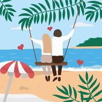 Romantic beach scene with a couple sitting on a swing, on the beach under the sun, palm trees, vector illustration.