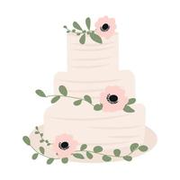 beautiful rustic wedding cake with leaves and flowers. vector illustration