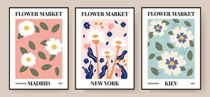 Set 1970 daisy flowers market poster. Abstract floral illustration. Poster for postcards, wall art, banner, background, for printing. Vector illustration
