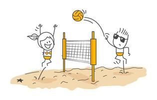 Stick figures. Boy and girl playing beach volleyball. vector