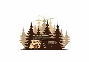 Camping beside the car in the forest illustration vector