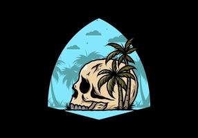 Skull head under coconut trees illustration vector