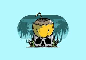 Coconut drink on human skull illustration vector