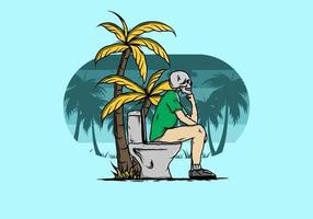 Skeleton man sit on outdoor toilet illustration vector