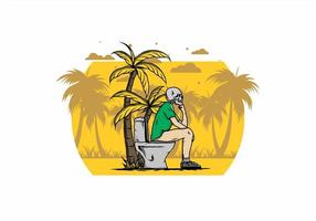 Skeleton man sit on outdoor toilet illustration vector