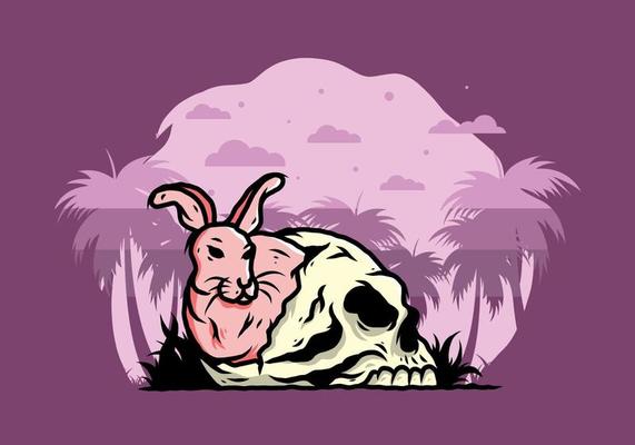 Rabbit hiding inside human skull illustration