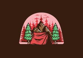 Camping tent in front of the mountain and between pine trees vector