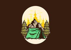 Camping tent in front of the mountain and between pine trees vector