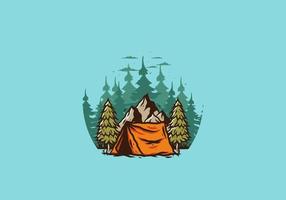 Camping tent in front of the mountain and between pine trees vector