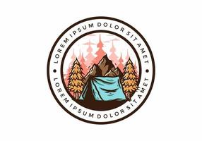 Camping tent in front of the mountain and between pine trees vector