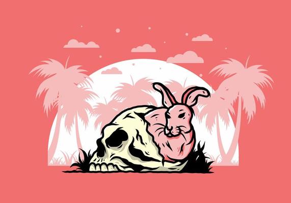 Rabbit hiding inside human skull illustration