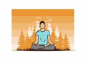 ilustración de alguien haciendo yoga y meditando al aire libre en un bosque en la naturaleza entre pinos vector