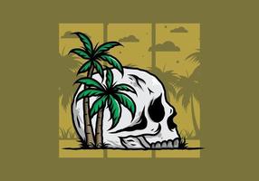 Skull head under coconut trees illustration vector