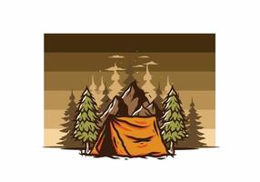 Camping tent in front of the mountain and between pine trees vector