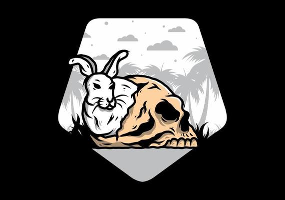 Rabbit hiding inside human skull illustration
