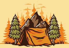 Camping tent in front of the mountain and between pine trees vector