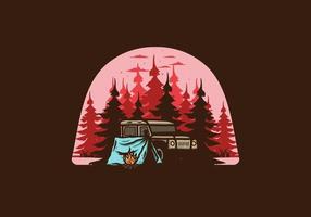 acampando al lado del auto en la ilustración del bosque vector