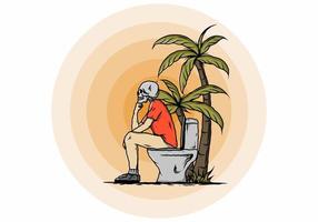 Skeleton man sit on outdoor toilet illustration vector