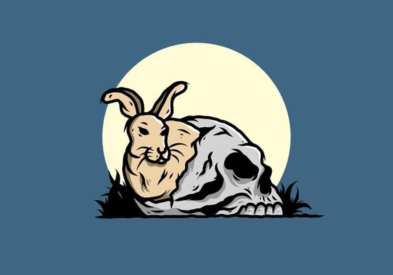 Rabbit hiding inside human skull illustration