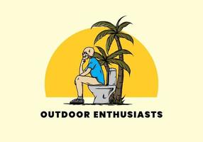 Skeleton man sit on outdoor toilet illustration vector