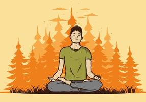 ilustración de alguien haciendo yoga y meditando al aire libre en un bosque en la naturaleza entre pinos vector