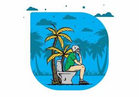 Skeleton man sit on outdoor toilet illustration vector