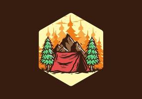 Camping tent in front of the mountain and between pine trees vector