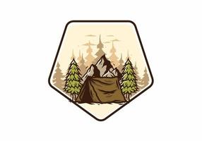 Camping tent in front of the mountain and between pine trees vector