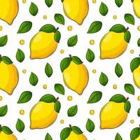 Bright juicy summer citrus lemon seamless pattern. Hand-drawn fruit with an outline. Fruit backdrop. For summer textiles, food packaging, napkins. Color vector illustration on a white background.