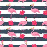 Summer seamless pattern with cute pink flamingos in a crown and sunglasses, hibiscus flowers. Bright vector illustrations in a flat cartoon style on a background with dark texture stripes.