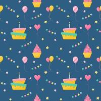 A festive seamless pattern with cake, balloons, flags and cake, hearts and stars. Symbols of holiday, celebration. Vector illustrations in a flat cartoon style on a dark blue background.