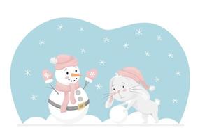 Rabbit rolls a snowball, makes a snowman. Winter fun activity. Adorable character in pastel colors. Kids design for cards, clothes, web design. Childrens vector illustration on a white background