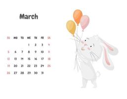 la página del calendario para el mes de marzo de 2023 con un lindo conejo sonriente sosteniendo globos festivos en sus patas. adorable animal, un personaje en colores pastel. ilustración vectorial sobre un fondo blanco vector