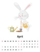 página de calendario para el mes de abril de 2023 con un lindo conejo, cavando con una pala, plantando una zanahoria. jardinero conejito. adorable animal, un personaje en colores pastel. ilustración vectorial en blanco. vector