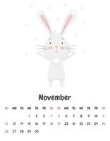 la página del calendario para el mes de noviembre de 2023 con un lindo conejo sonriente, regocijándose en los copos de nieve voladores. adorable animal, personaje en colores pastel. ilustración vectorial sobre un fondo blanco vector