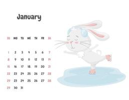 Calendar page for the month of January 2023 with a cute rabbit skating on an ice rink wearing headphones. Adorable animal, a character in pastel colors. Vector illustration on a white background