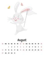 Calendar page for the month of August 2023 with a cute funny rabbit catching butterflies with a net. Adorable animal, a character in pastel colors. Children's calendar. Vector illustration on white.