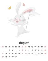 Calendar page for the month of August 2023 with a cute funny rabbit catching butterflies with a net. Adorable animal, a character in pastel colors. Children's calendar. Vector illustration on white.