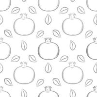 Monochrome black and white fruit seamless pattern. Hand-drawn with pomegranates and leaves. Simple outline background for web design, product packaging,napkins, backdrops. vector illustration on white