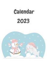 The cover of the calendar for 2023 with a cute rabbit, the Chinese symbol of the year. Rabbit rolls a snowball,makes a snowman. Winter fun activity. Childrens vector illustration on a white background