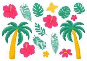 un conjunto de hojas y flores tropicales y exóticas. palma, hibisco, plumeria. ilustraciones de vectores botánicos brillantes en un estilo plano. Aislado en un fondo blanco.