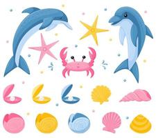 A set of marine underwater animals. Dolphins, crab, seashells and starfish. Cute characters in a flat, cartoon style. Vector illustrations isolated on a white background.