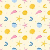 Seamless pattern with starfish, nautilus, seashells and pearls. Marine animals. Vector illustration in a flat cartoon style on a beige background. For summer, beach textiles and accessories.