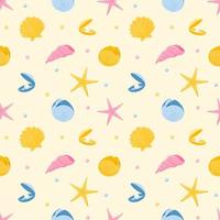 Seamless pattern with starfish, nautilus, seashells and pearls. Marine animals. Vector illustration in a flat cartoon style on a beige background. For summer, beach textiles and accessories.